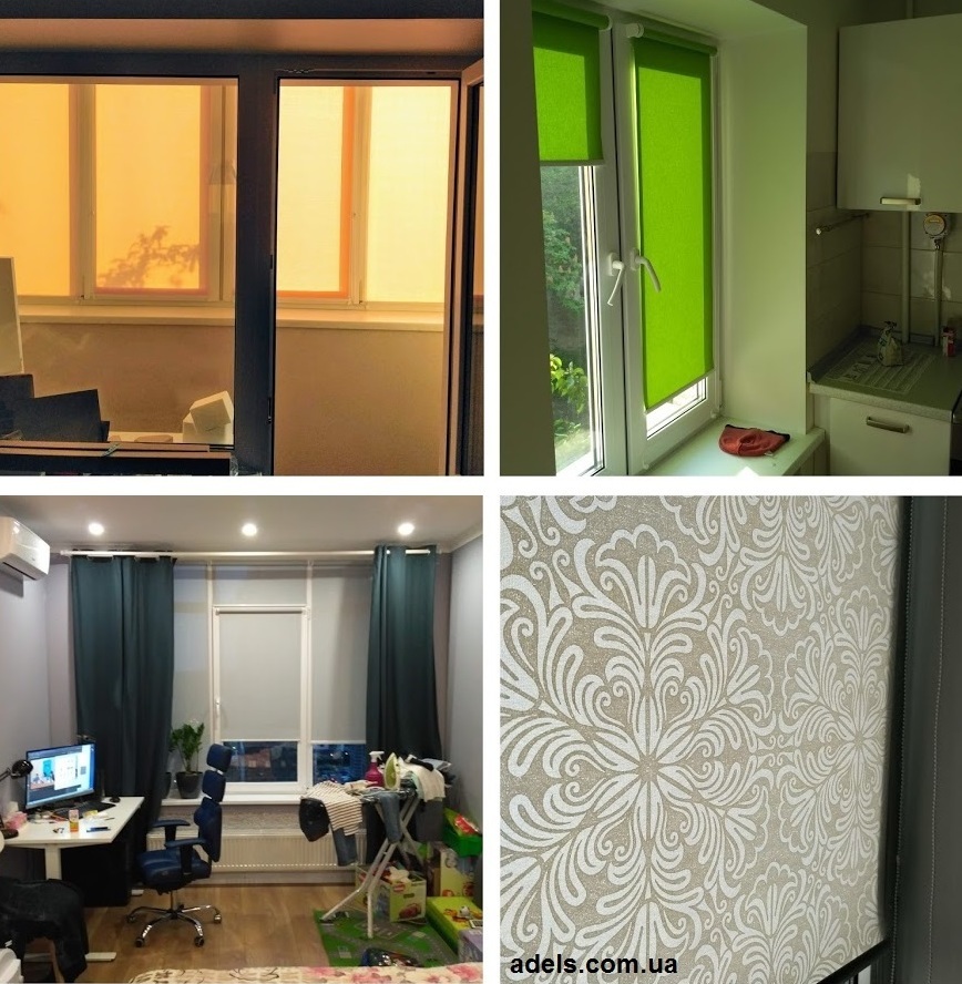 колаж рулонных штор жалюзи Тканевые рулонные шторы жалюзи в интерьере