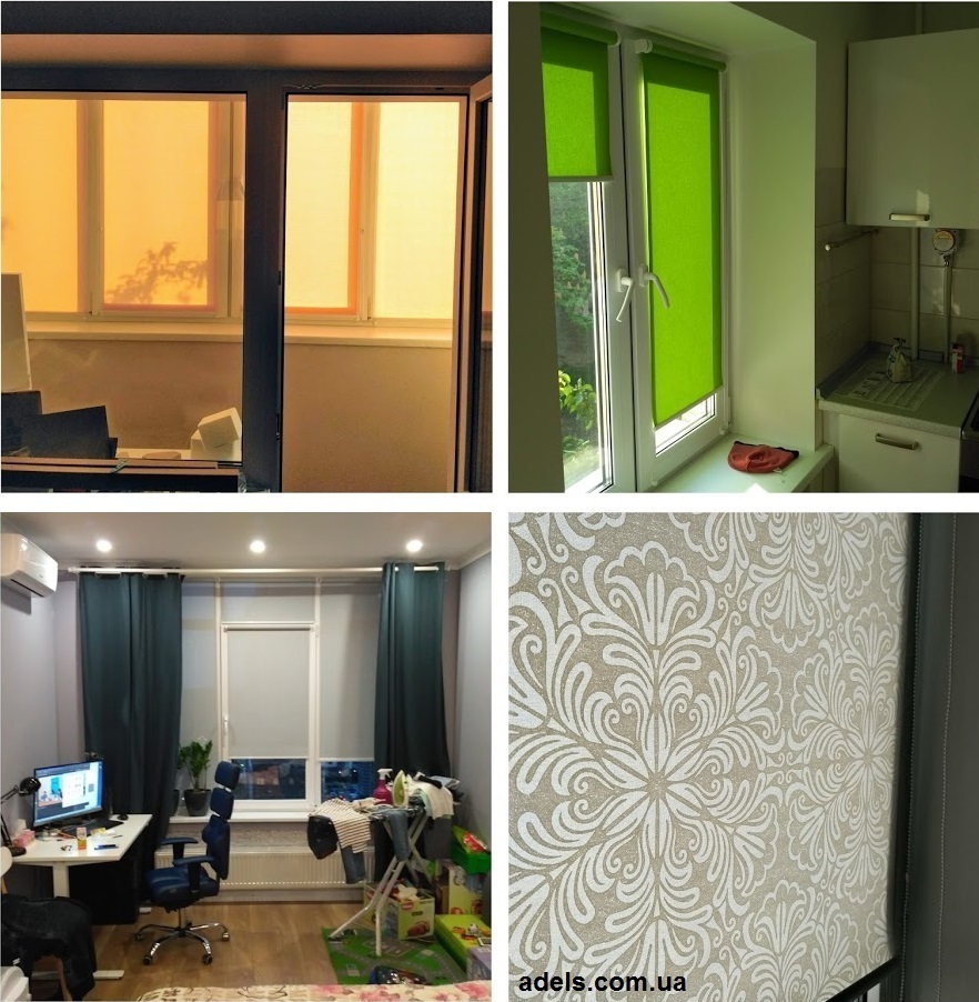 колаж рулонных штор жалюзи Тканевые рулонные шторы жалюзи в интерьере